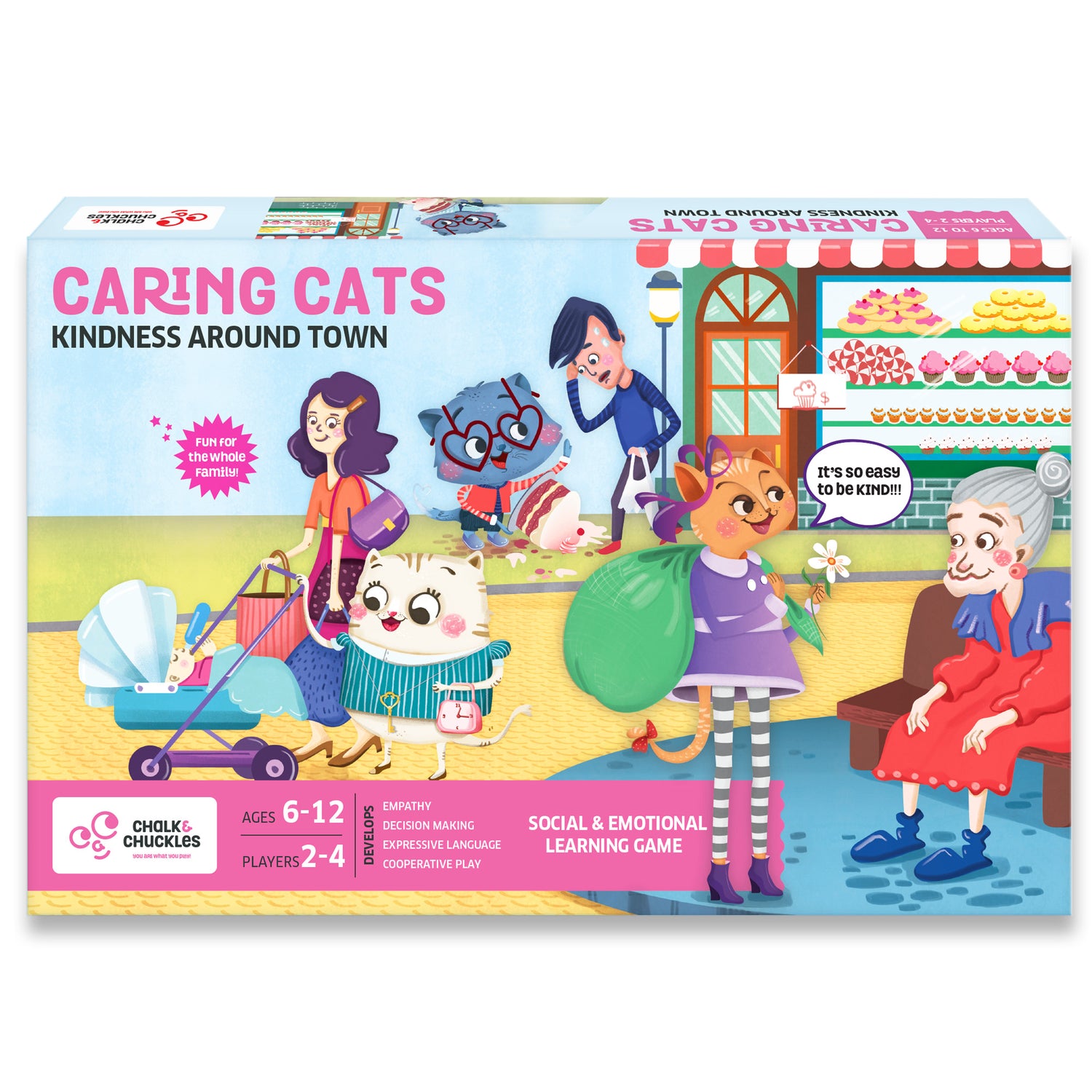 Caring Cats: Kindness Around Town board game by Chalk and Chuckles—a screen-free social and emotional learning game for children ages 6–12. Perfect for girls and boys, this cooperative family game builds empathy, decision-making, and expressive language through kind play.