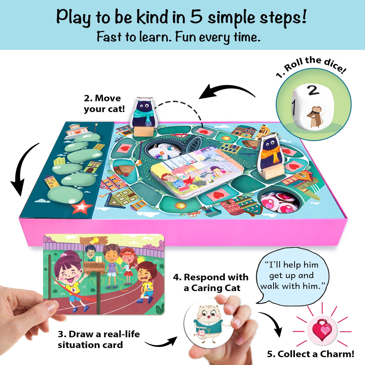 How to play Caring Cats: Kindness Around Town board game—kids ages 5–8 roll the die, move their cat, draw a situation card, respond with a Caring Cat, and collect a heart charm. A fun, screen-free way for families to practice empathy and kindness together.