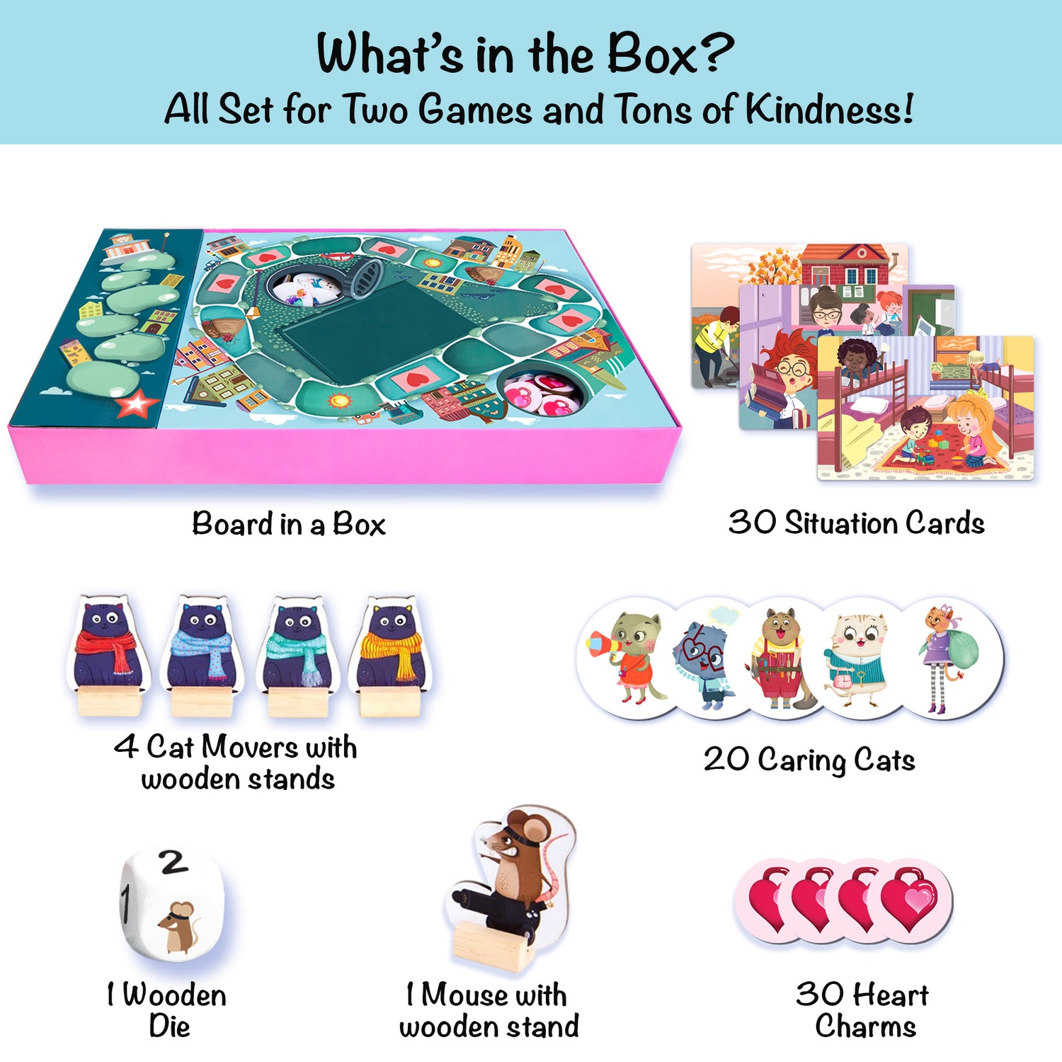 Chalk and Chuckles Caring Cats: Kindness Around Town board game components—includes illustrated game board, 4 wooden cat movers, mouse figure, 30 situation cards, 20 caring cat tokens, and 30 heart charms. A screen-free game for kids ages 5–8 to learn kindness and empathy through play.