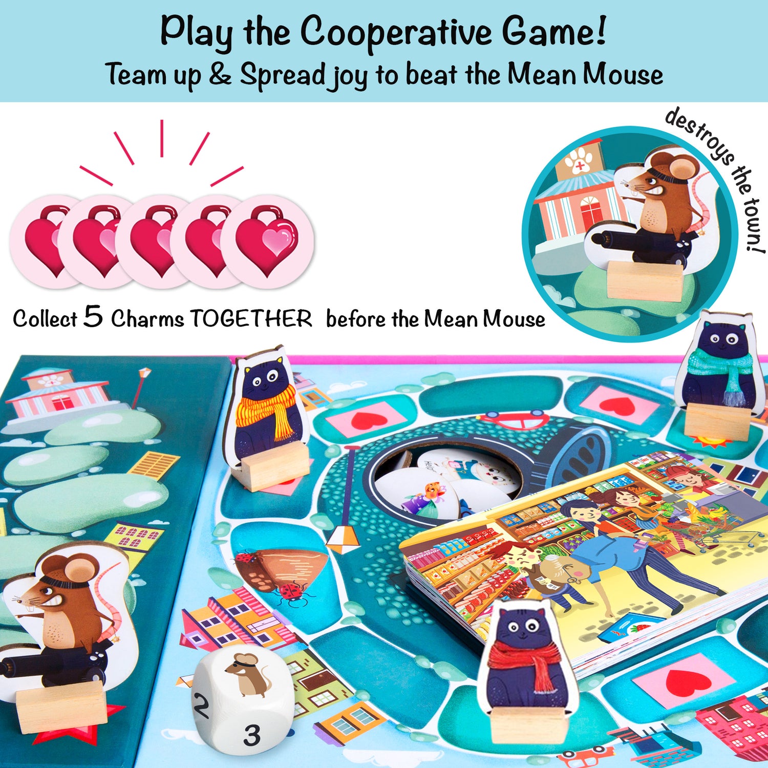 Cooperative gameplay in Caring Cats: Kindness Around Town board game—children ages 6–12 team up to collect heart charms and defeat the Mean Mouse. A screen-free kindness game for girls and boys that builds empathy, teamwork, and joy through shared family play.