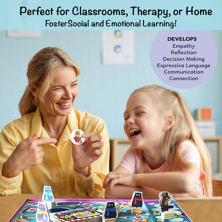Therapist and child playing Caring Cats: Kindness Around Town board game—ideal for classrooms, therapy sessions, or home. A screen-free social-emotional learning tool for children ages 6–12, helping girls and boys build empathy, communication, and decision-making skills through play.