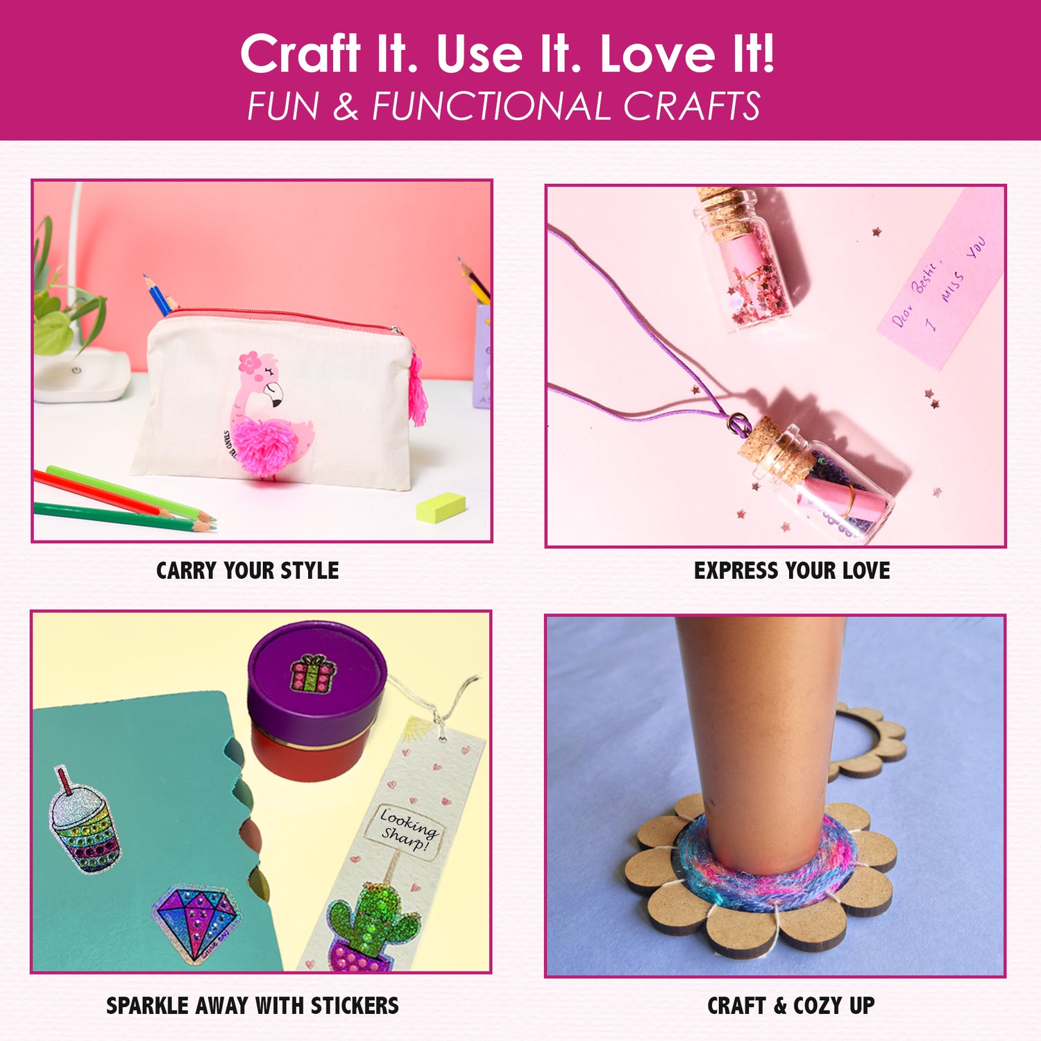 Four DIY crafts from Chalk and Chuckles 7 Days of Arts & Crafts box including pom-pom pencil pouch, message bottle necklaces, sticker bookmarks, and yarn-wrapped coasters from 7 Days of Art and craft Kit. Fun and functional crafts that are useful
