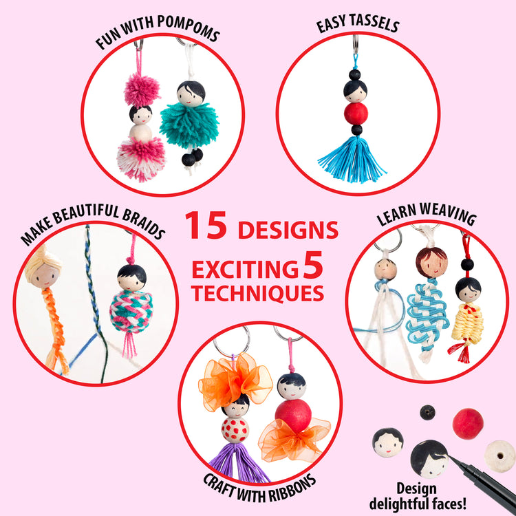 Keychain Dolls Craft Kit by Chalk and Chuckles—learn 5 fun techniques like pompoms, tassels, braiding, weaving, and ribbon crafts to make 15 personalized keychains. A creative birthday gift for girls, tweens, and a perfect DIY activity for sleepovers or adult craft parties.