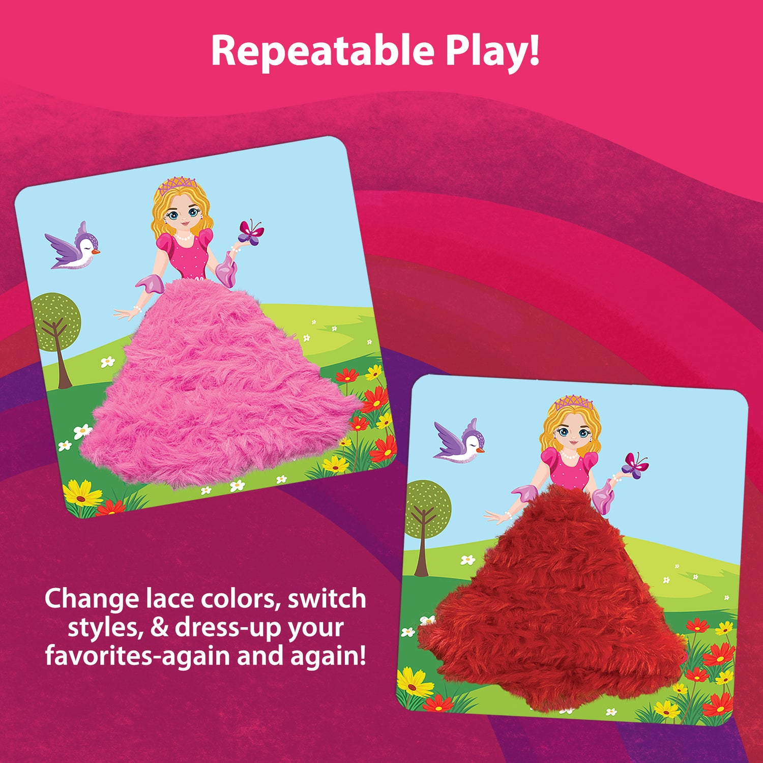 Repeatable play princess lace art showing two creative color variations on dress cards. travel toys for girls