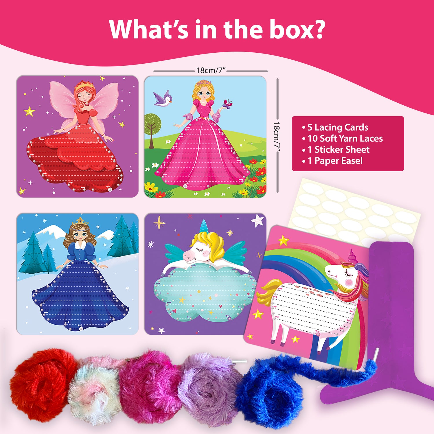 Chalk and Chuckles Lace Art Craft kit contents including yarn laces, princess and unicorn lacing cards, and easel