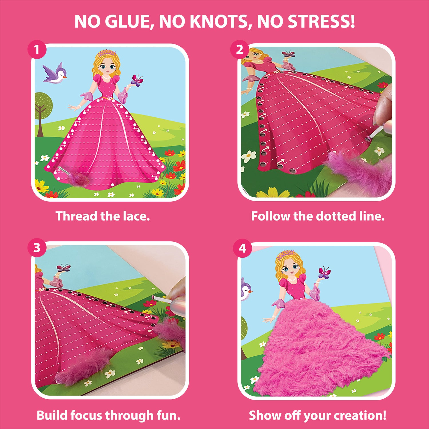 Step-by-step threading instructions for princess lace art activity for toddlers and preschoolers. Mess free and Easy to make activity for kids