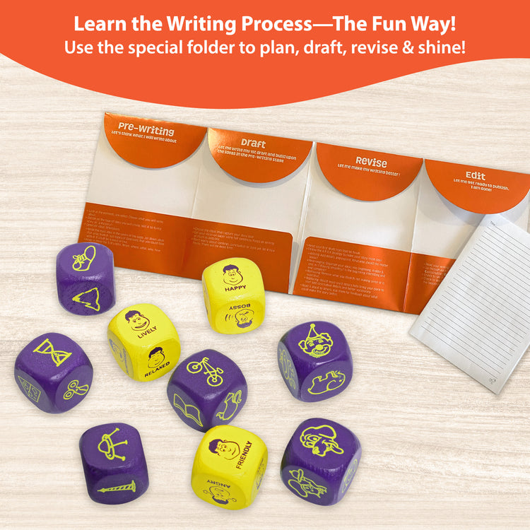 Rolling Tales writing kit showing pre-writing, draft, revise, and edit steps with storytelling dice for learning the writing process in a fun way