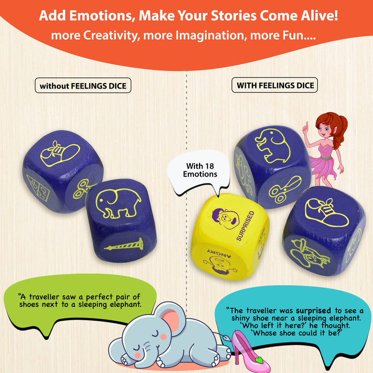 Storytelling dice comparison showing how Rolling Tales game adds emotions with feelings dice to enhance creativity and imagination in stories for kids