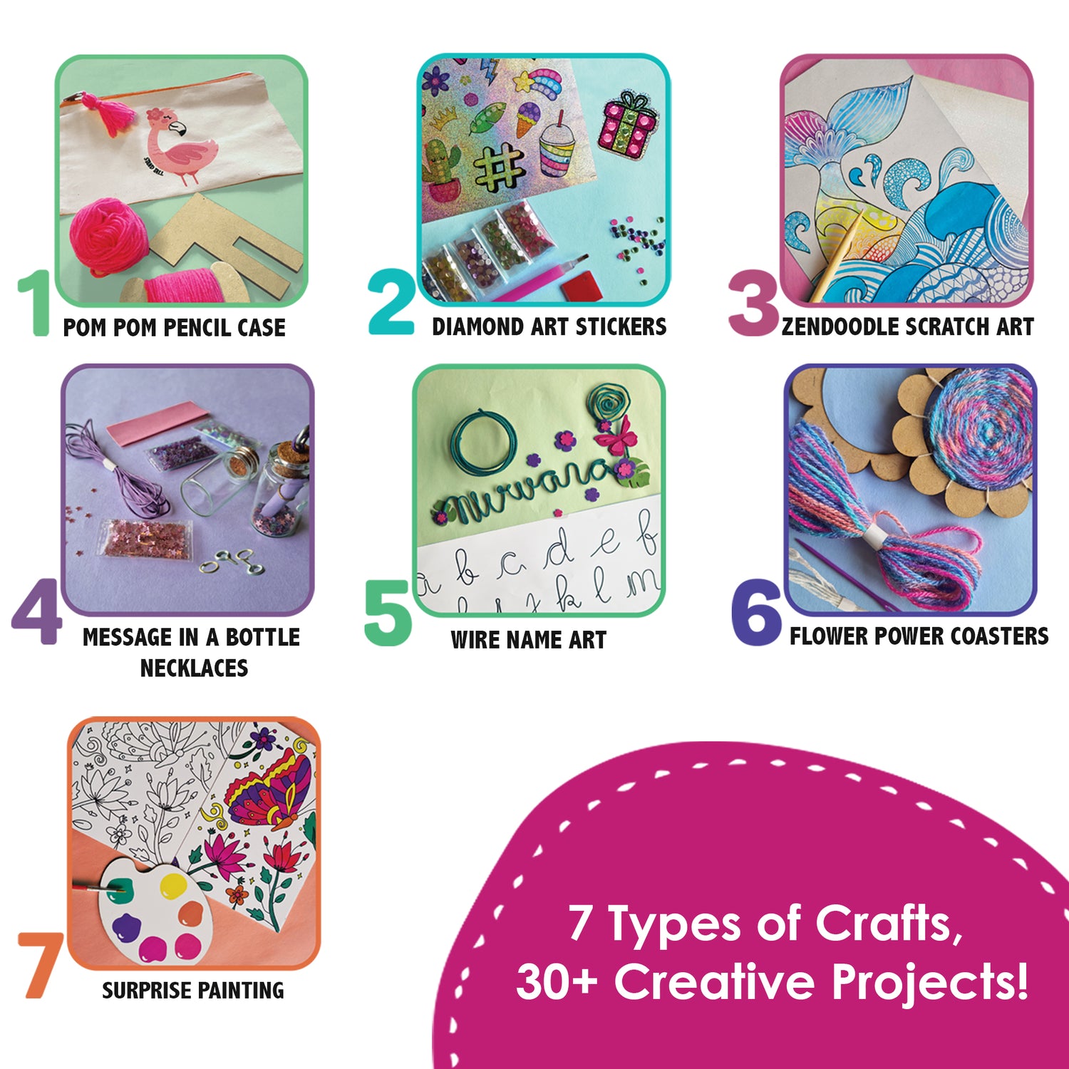 Overview of 7 craft types included in the Chalk and Chuckles art kit for girls—pom-pom pouch, diamond stickers, scratch art, bottle necklaces, wire name art, coasters, and painting