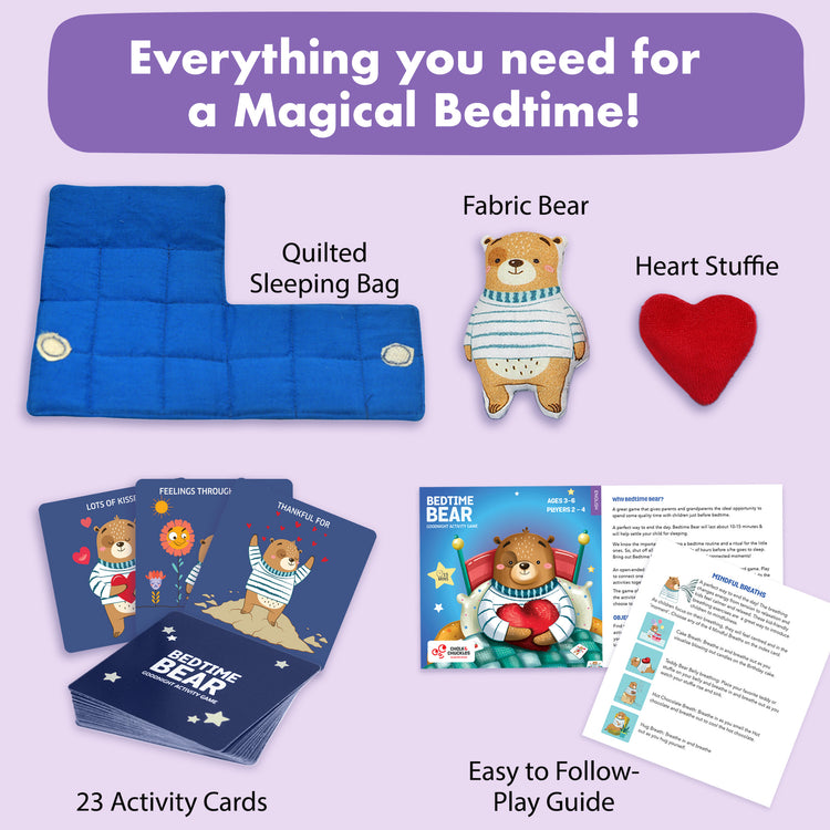 Chalk and Chuckles Bedtime Bear game components—quilted sleeping bag, fabric bear, heart plush, 23 illustrated activity cards, and easy-to-follow bedtime routine guide for kids ages 3 to 6.
