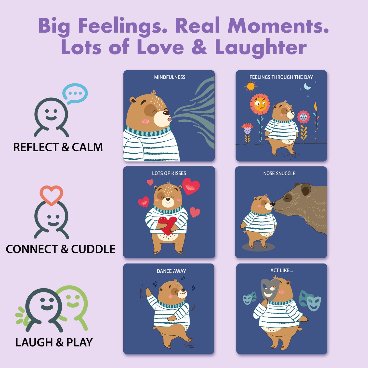 Emotional activity cards from Chalk and Chuckles Bedtime Bear game—helps kids ages 3–6 reflect, calm down, cuddle, and play through mindfulness, feelings, kisses, snuggles, dancing, and pretend play. A joyful way for families to connect.