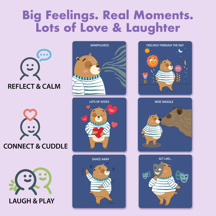 Emotional activity cards from Chalk and Chuckles Bedtime Bear game—helps kids ages 3–6 reflect, calm down, cuddle, and play through mindfulness, feelings, kisses, snuggles, dancing, and pretend play. A joyful way for families to connect.