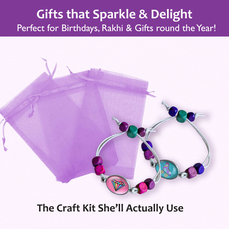 DIY bracelet kit with pink organza gift bags and finished bracelets – ideal for birthdays, Rakhi, and party favors.
