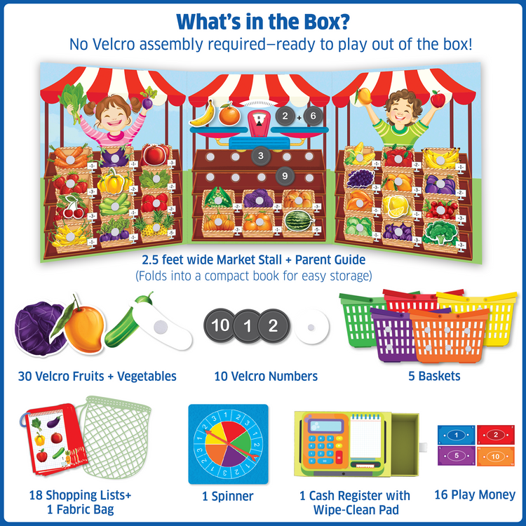 Busy Market learning kit contents with Velcro fruits, vegetables, number tokens, baskets, shopping lists, cash register, and play money for preschoolers