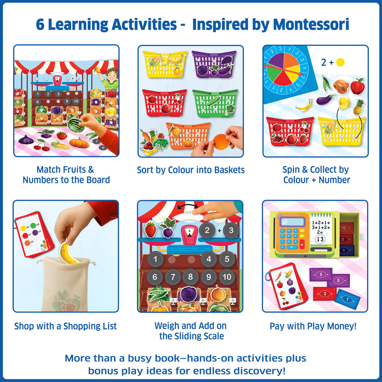 Chalk and Chuckles Busy Market preschool activity kit showing 6 Montessori-inspired learning & educational activities, including sorting fruits by colour, number matching, spinning and collecting, shopping list play, weighing scale math, and pretend play cash register for ages 3-6