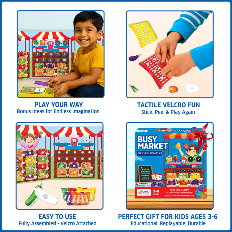 Kid happily playing with Chalk and Chuckles Busy Market activity kit, a perfect educational gift for ages 3-6 to build math, social skills, and imaginative pretend play fun