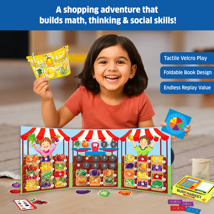 Smiling girl playing with Busy Market preschool activity kit by Chalk and Chuckles, builds early math, social skills, and imagination for kids ages 3-6