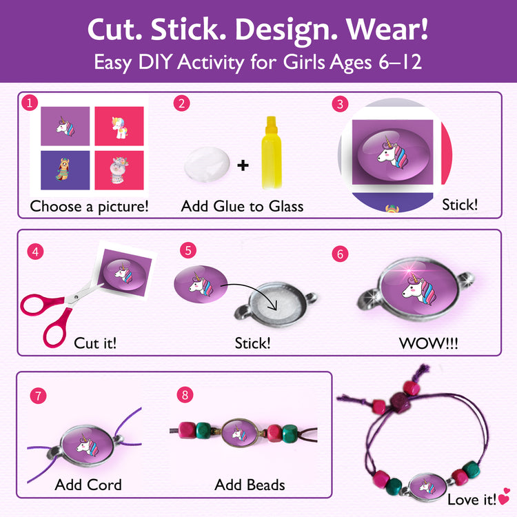 Step-by-step guide showing how to cut, stick, design, and wear your own bracelet using the kit components.