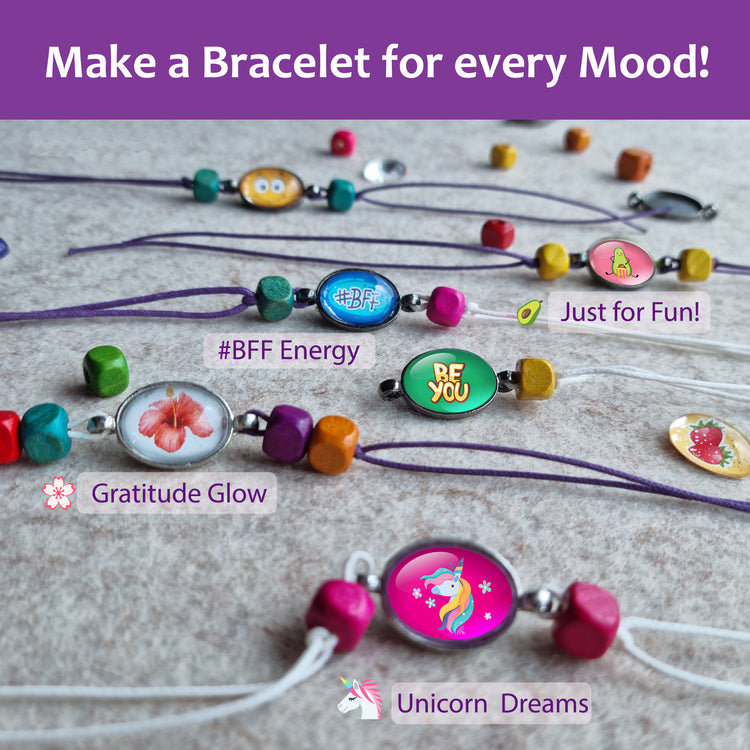 IY bracelets with different moods and themes like Unicorn Dreams and BFF Energy – craft one for every vibe. Great Gifts for girls