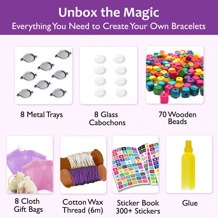All contents of Chalk and Chuckles bracelet kit displayed – metal trays, cabochons, wooden beads, sticker book, threads, glue, and gift bags.