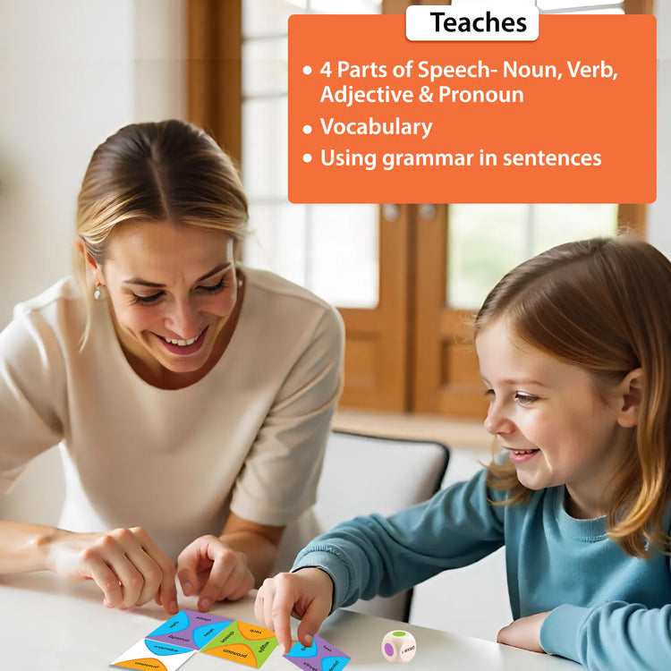Child and adult playing Grammar Wise by Chalk and Chuckles—an engaging language game for boys and girls in Class 1 or 2. Teaches 4 parts of speech, builds vocabulary, and encourages grammar use in sentences. A great educational gift for homeschoolers or classroom learners ages 6–9.