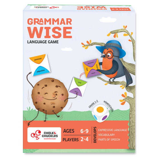 Chalk and Chuckles Grammar Wise Language Game for kids ages 6–9—fun educational board game to build vocabulary, identify parts of speech, and improve expressive language. Ideal for homeschool, classrooms, or family game night for 2–4 players.