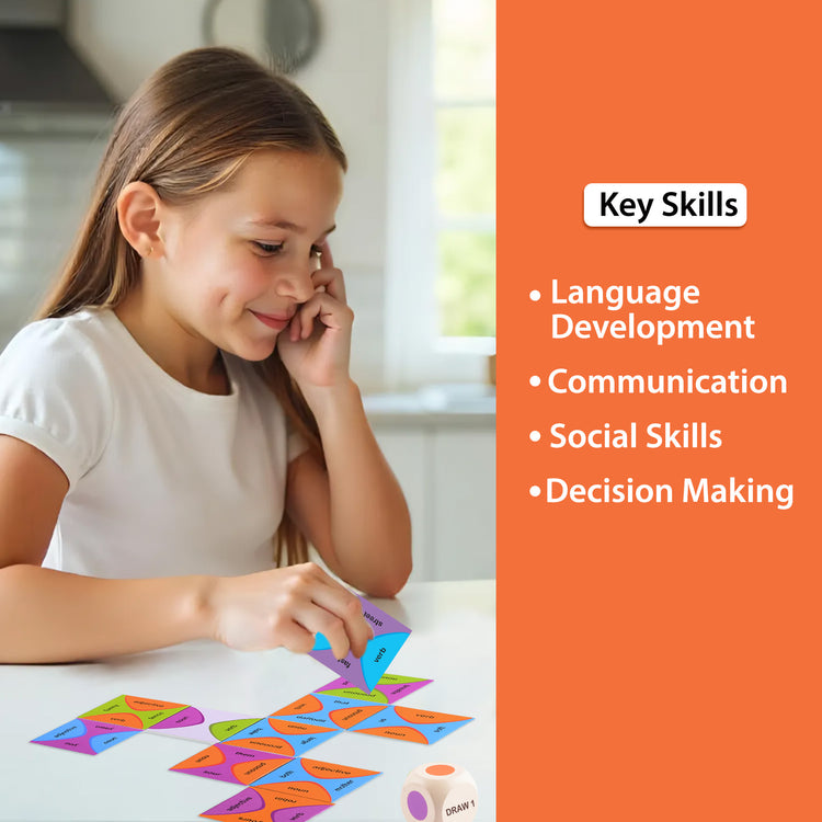 Girl playing Grammar Wise educational board game—builds key skills like language development, communication, social interaction, and decision-making. A thoughtful educational gift for boys and girls in Class 1 or 2, perfect for homeschoolers and young learners ages 6–9.