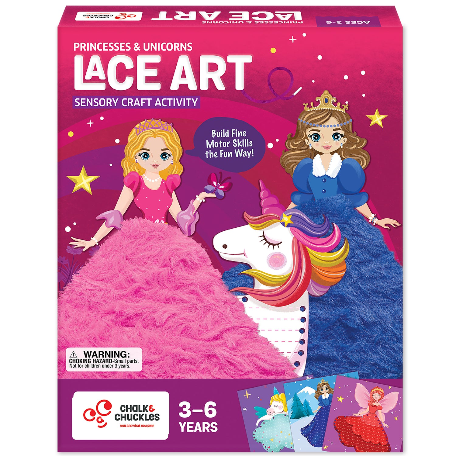 Gift Box of Princess and unicorn sensory lace art craft kit for kids ages 3 to 6, Chalk and Chuckles toy