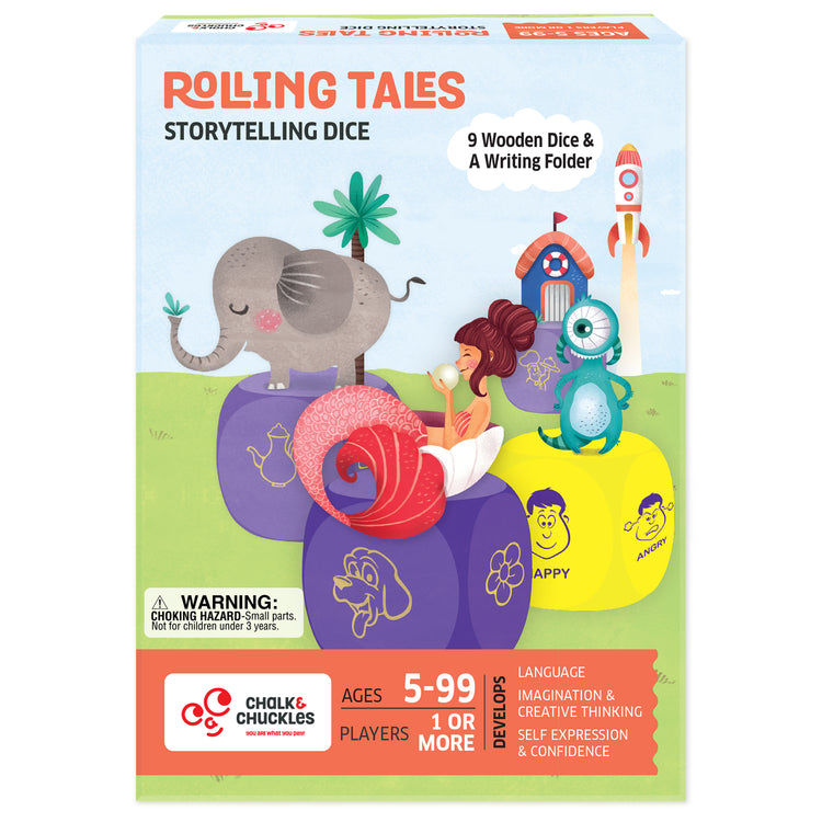 Chalk and Chuckles Rolling Tales storytelling dice game for kids – creative writing game with character, object, and feeling dice in a gift-ready box
