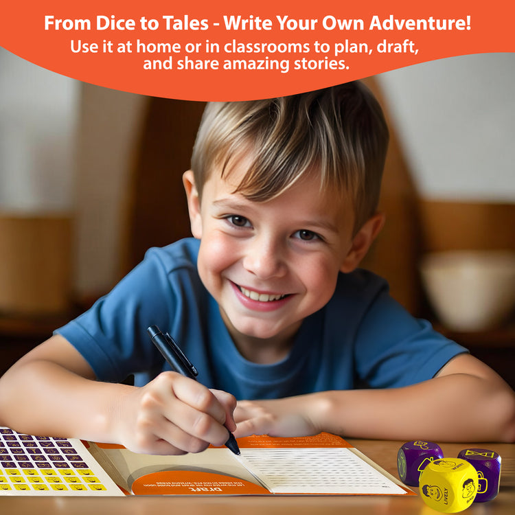 Smiling boy writing a story using Rolling Tales game’s creative writing folder and story dice with character and emotion prompts