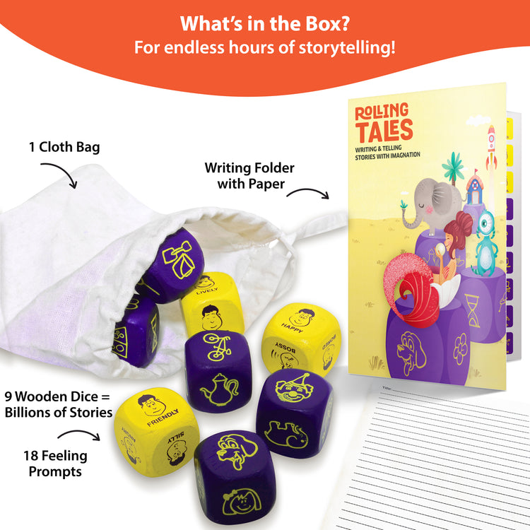Chalk and Chuckles Rolling Tales storytelling game contents – 9 wooden dice, 1 cloth bag, writing folder, and 18 feeling prompts for creative writing fun