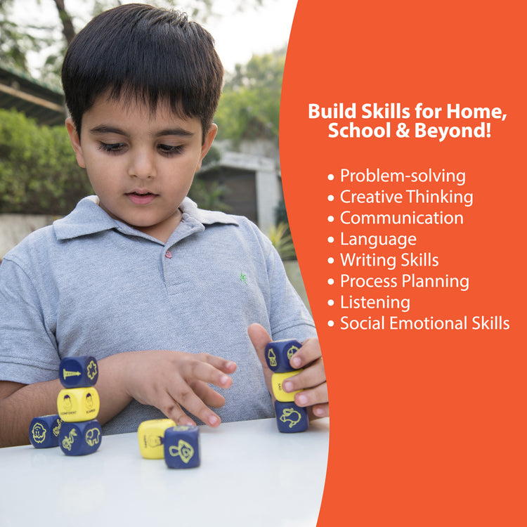 Child stacking and playing with Rolling Tales storytelling dice game to build problem-solving, writing, and social emotional skills at home or school