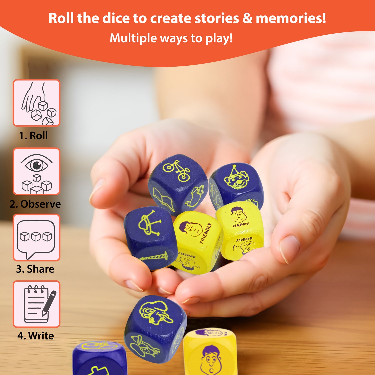 Hand holding Rolling Tales story dice with illustrated guide on how to play – roll, observe, share, and write your own imaginative story