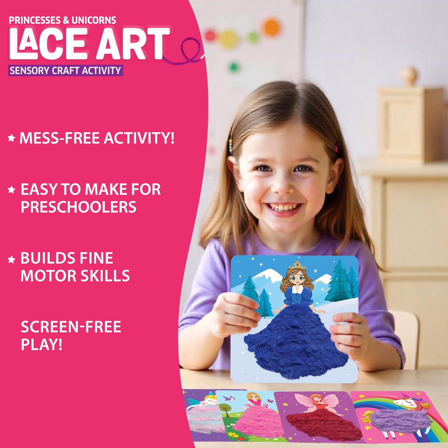Happy girl holding finished princess lace art card from DIY threading activity kit. Fine Motor Skills activity for Girls