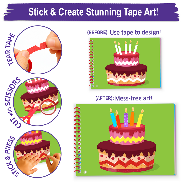 Kids craft kit instructions showing how to make tape art with Chalk and Chuckles Tape Trails, using colorful tape to design and decorate a cake activity page, mess-free creative indoor activity for children