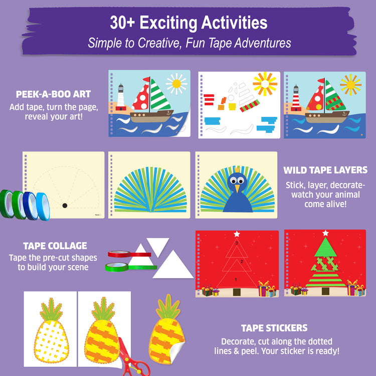 Chalk and Chuckles Tape Trails art and craft kit for kids, showcasing 30+ creative tape art activities including peek-a-boo art, wild tape layers, tape collage, and fun tape stickers for boys and girls, indoor mess-free craft