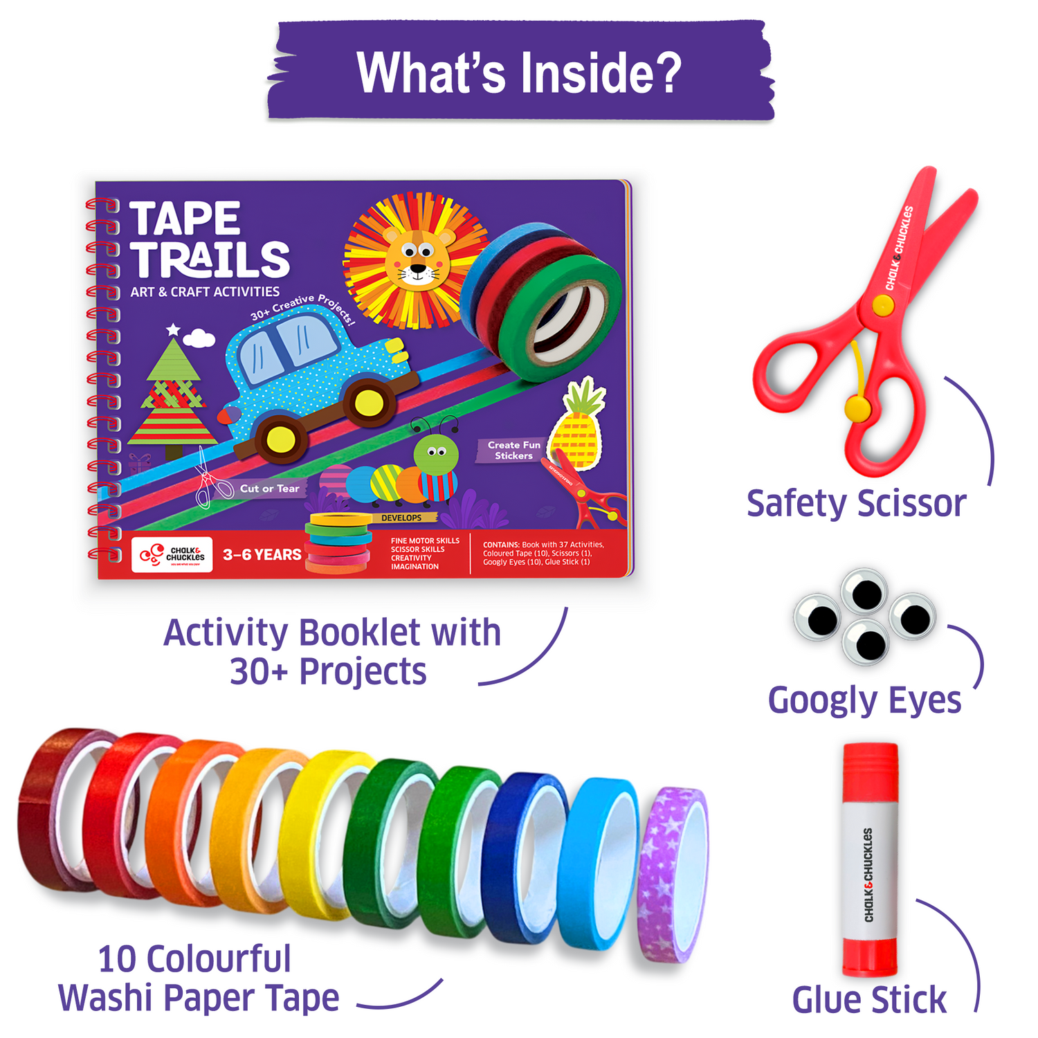 Chalk and Chuckles Tape Trails art and craft kit contents, including 10 colorful washi paper tape rolls, spiral-bound activity book, safety scissors, glue stick, and googly eyes for kids ages 3-7, fun creative indoor activity