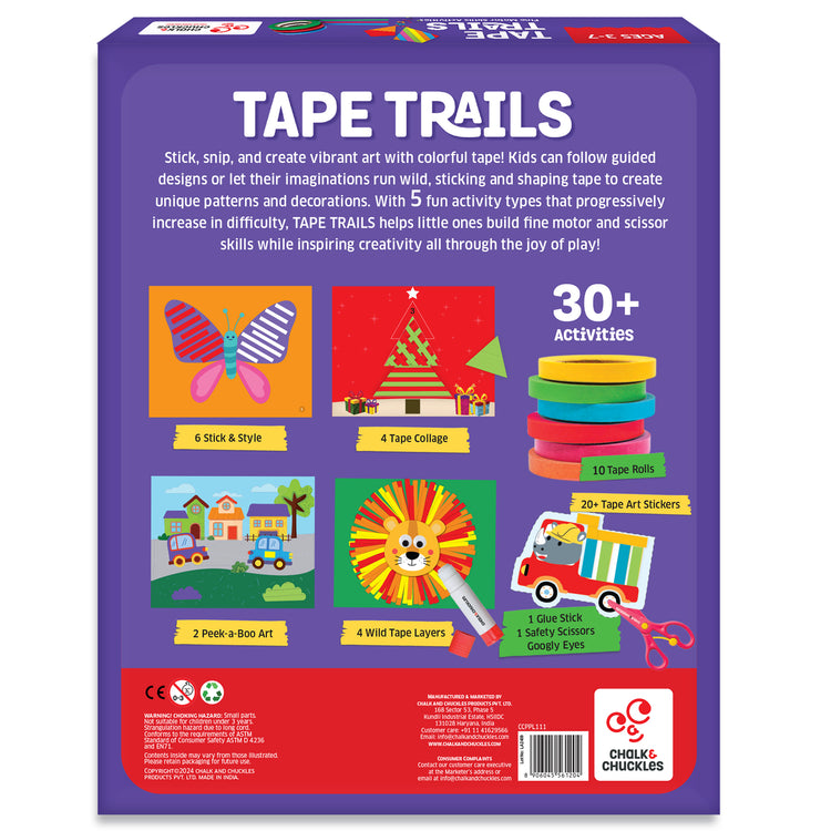 Back of Tape Trails craft kit box showing 30+ tape art activities for kids, including peek-a-boo art, tape collage, wild tape layers, and colorful stickers, indoor mess-free creative play for children ages 3-7