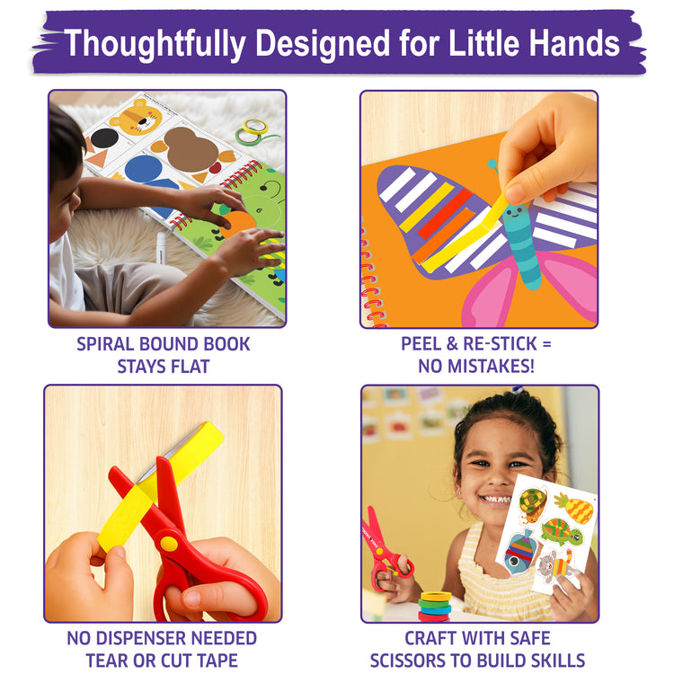 Tape Trails art and craft kit designed for little hands, showing child-friendly spiral-bound book, easy peel and re-stick tape, no dispenser needed, and safe scissors for boys and girls ages 3 to 7, mess-free creative activity