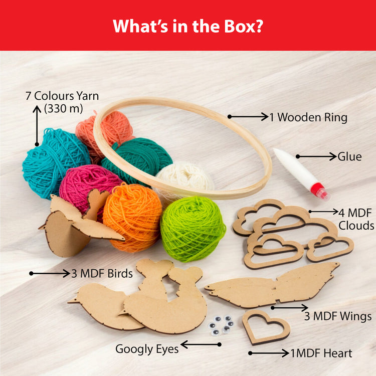 What’s inside the Chalk and Chuckles Yarn Birds Craft Kit—7 colorful yarn balls, 3 MDF bird bases, wings, clouds, heart, wooden ring, googly eyes, and glue. A perfect string art-inspired gift set for kids, girls, teens, and adults who love DIY crafts and creative decor.