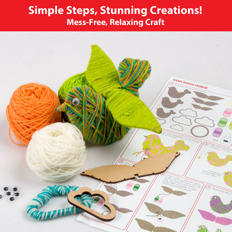 Step-by-step crafting with the Chalk and Chuckles Yarn Birds Kit—mess-free yarn wrapping activity with clear illustrated instructions. Perfect DIY art set for kids, girls, tweens, and adults to create colorful bird mobiles while enjoying a calming, creative experience.