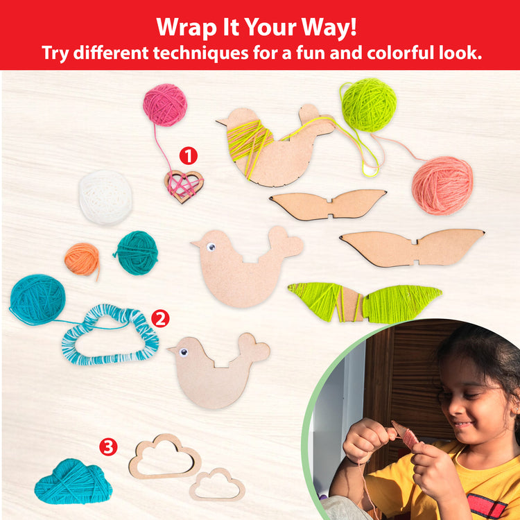 Yarn wrapping in progress with Chalk and Chuckles Yarn Birds Craft Kit—includes MDF shapes and colorful yarn to try multiple techniques. A creative DIY art project for kids ages 8 and up, ideal for girls and tweens ages 9–12 who love hands-on crafting and colorful decor.
