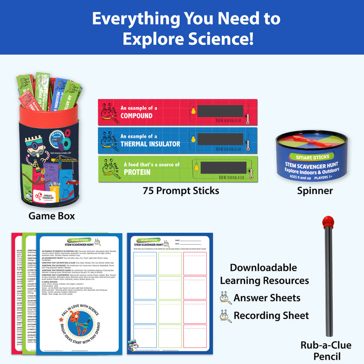 STEM Scavenger Hunt by Chalk and Chuckles – complete educational game set with 75 science prompt sticks, spinner, Rub-a-Clue pencil, and downloadable learning sheets. Fun STEM activity for kids ages 8–12 to explore physics, chemistry, and biology indoors and outdoors.