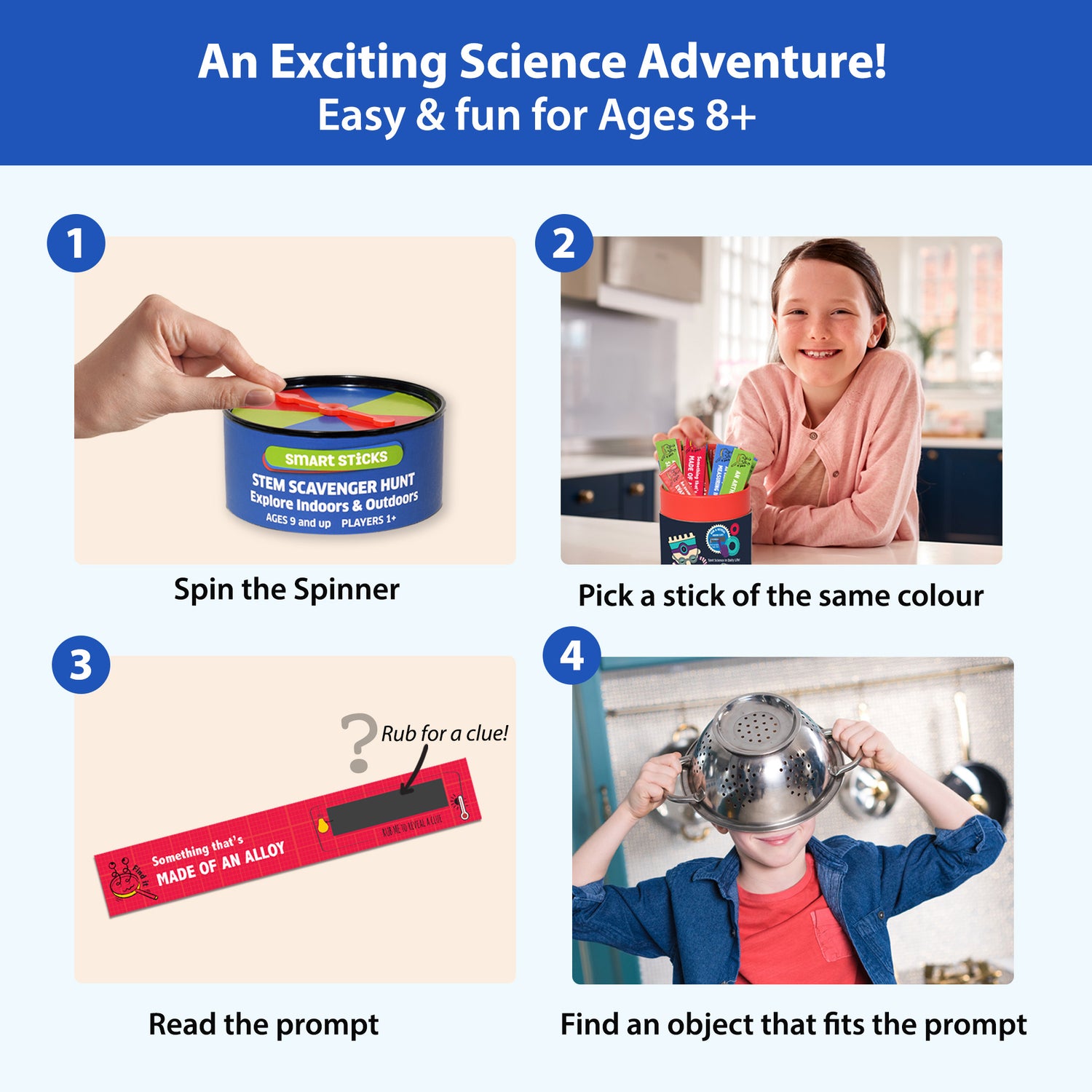 How to play the STEM Scavenger Hunt by Chalk and Chuckles – spin the color spinner, pick a matching prompt stick, rub to reveal a science clue, and find a real-world object. Fun educational game for kids ages 8+, ideal for science learning indoors or outdoors.