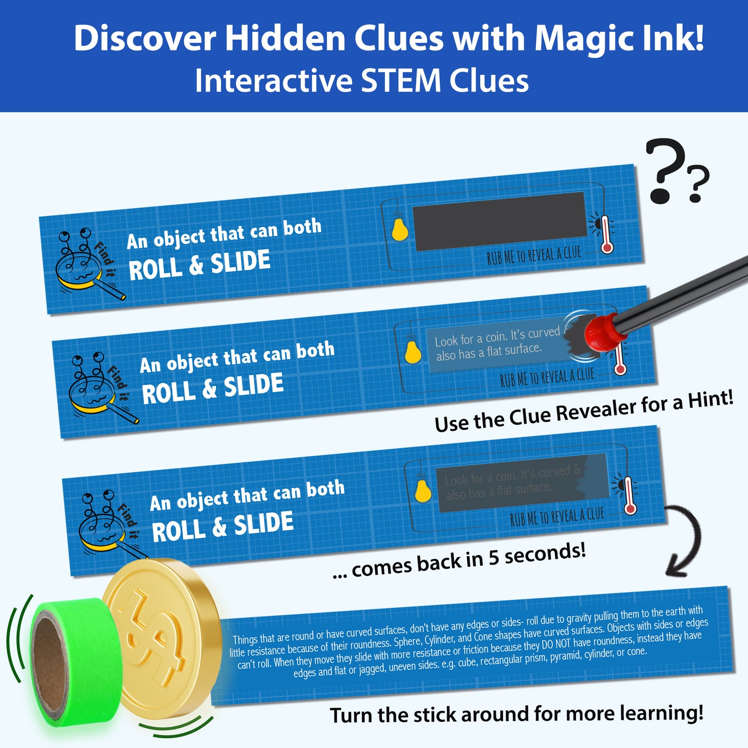 STEM Scavenger Hunt magic ink clue sticks with Rub-a-Clue pencil – kids reveal hidden science hints by rubbing the clue box and flip the stick to learn more. Interactive STEM activity game for ages 8–12 to explore real-world physics and concepts like roll and slide