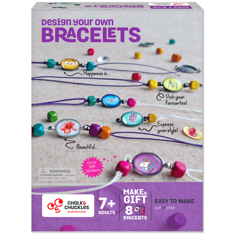 Chalk and Chuckles Design Your Own Bracelets kit packaging showing colorful cords, beads, and charms to spark creativity.