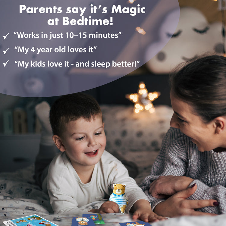 Parent and child playing Chalk and Chuckles Bedtime Bear game—parents praise this bedtime activity for kids ages 3+ as magical, calming, and effective in just 10–15 minutes to help children sleep better.