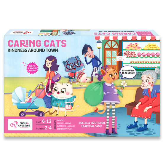 Caring Cats: Kindness Around Town board game by Chalk and Chuckles—a screen-free social and emotional learning game for children ages 6–12. Perfect for girls and boys, this cooperative family game builds empathy, decision-making, and expressive language through kind play.