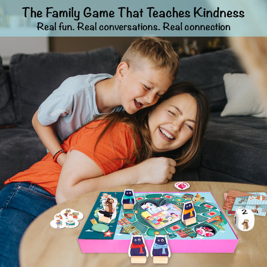 Mother and son laughing while playing Caring Cats: Kindness Around Town board game—a screen-free family game for children ages 6–12 that teaches kindness, empathy, and emotional connection. Ideal for boys and girls to build real-life values through fun and conversation.