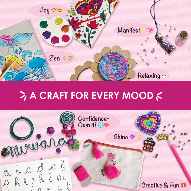 Colorful handmade crafts from Chalk and Chuckles kit showing yarn coasters, diamond stickers, painting, and bottle charms labeled with moods like joy, zen, and confidence